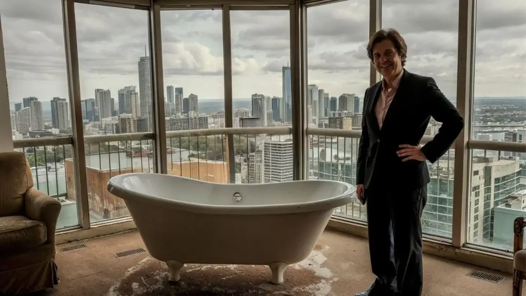 A person in a dark suit stands beside a freestanding bathtub in a high-rise room with large windows, offering a panoramic view of a city skyline, inspiring thoughts beyond the home renovation budget.