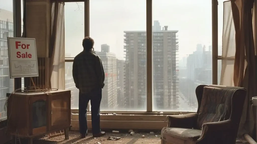 A person stands in a cluttered, dimly lit room with a "For Sale" sign, contemplating their home renovation budget while looking out a large window at the cityscape.
