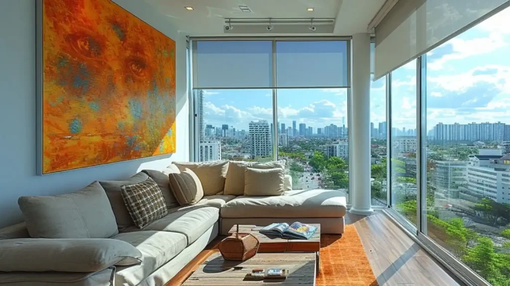 Modern living room with large glass windows offering a cityscape view. Room has a beige sectional sofa, colorful abstract wall art, wooden coffee table with books, and hardwood floors—a perfect example of stylish simplicity achievable even on a home renovation budget.