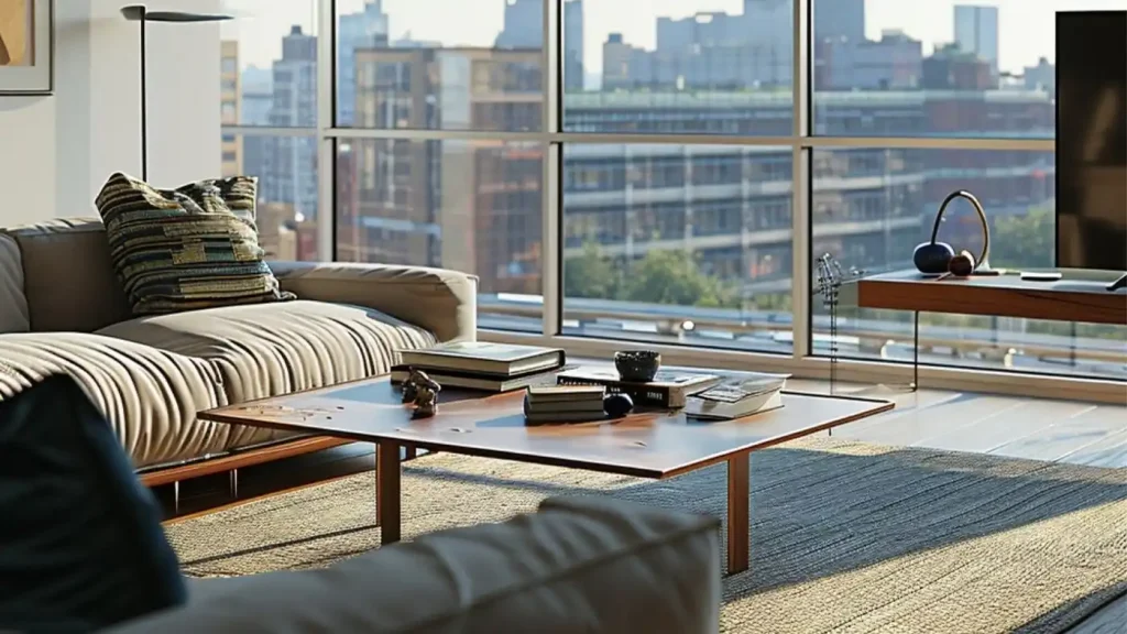A modern living room with large windows offering a city view. The space, designed thoughtfully within a home renovation budget, features a beige sofa, a wooden coffee table with books and decor, and a side table with a fruit bowl.