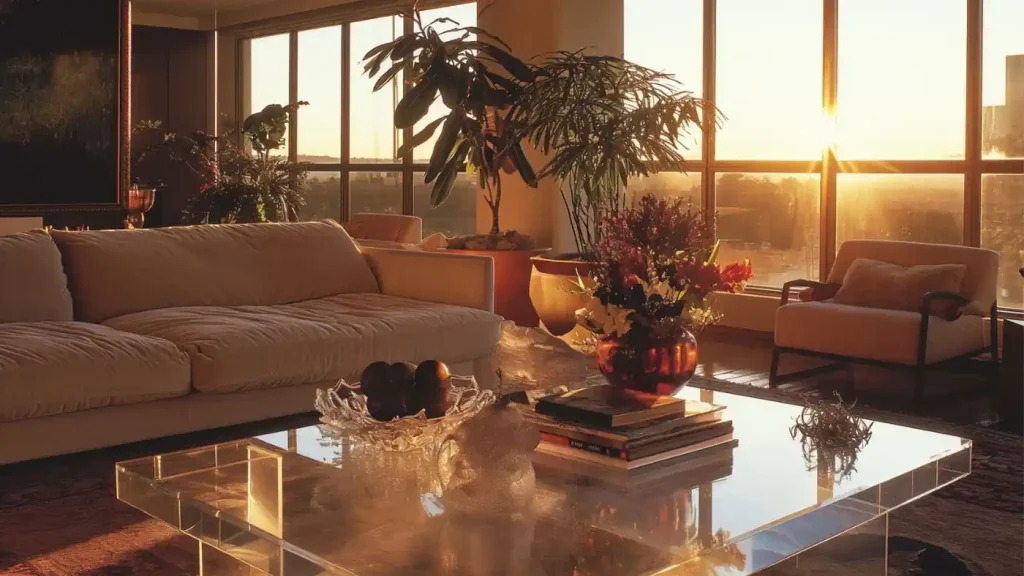 A modern living room features a sofa, indoor plants, a glass coffee table with books and decorative items, and large windows letting in sunlight, all designed thoughtfully within a home renovation budget.