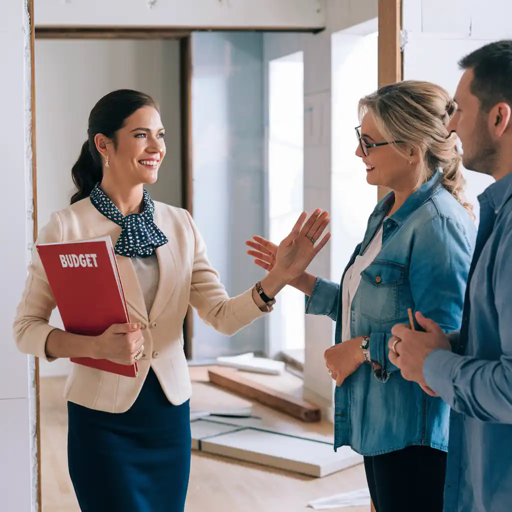 Three people engaged in a discussion inside a building under renovation, with one holding a red folder labeled 'BUDGET'. Construction materials are visible in the background, indicating the active pre-construction planning process.
