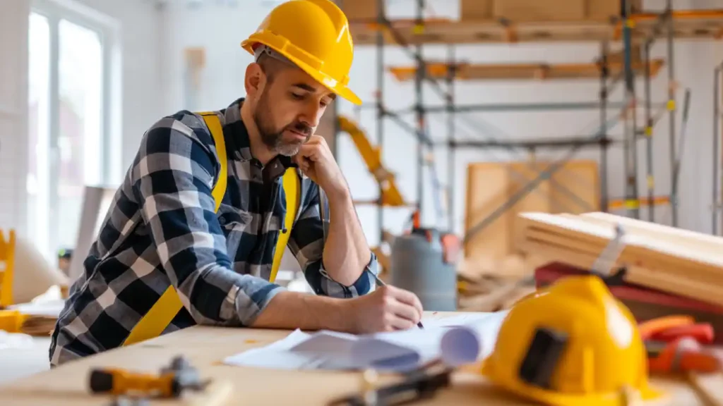 A construction worker wearing a yellow hard hat and safety vest is sitting at a workbench, reviewing blueprints in a building under construction. It's critical to hire a real estate contractor who ensures that every detail meets the highest standards.