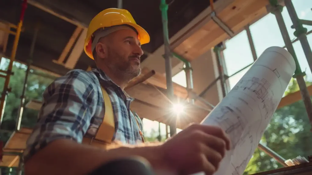 A construction worker wearing a yellow hard hat and a plaid shirt reviews architectural plans at a building site with scaffolding and sunlight streaming through windows—a scene that reminds you to hire a real estate contractor for your next project.
