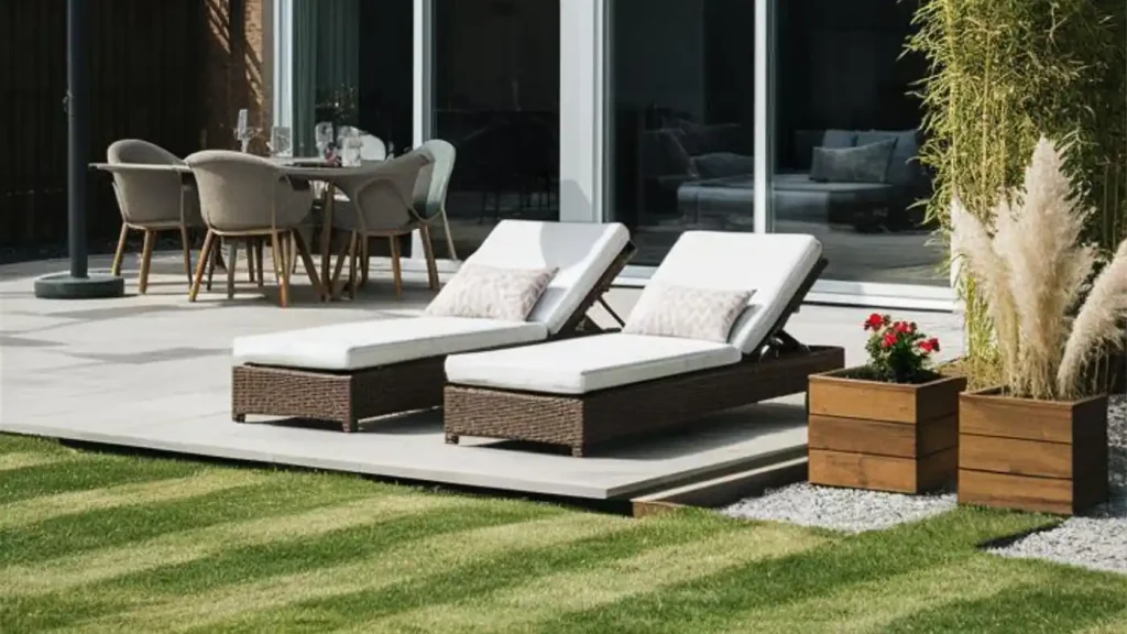 A modern patio featuring two wicker chaise lounges with white cushions, a dining table set with chairs, planters with vibrant greenery, and a sliding glass door leading to the interior. Hire a Real Estate Contractor to bring this vision to life effortlessly.