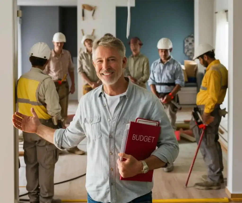 A smiling man with gray hair holds a red binder labeled "BUDGET" and gestures toward a construction crew working in the background. Several workers, busy with what appears to be a home renovation project, are wearing safety helmets and high-visibility vests.