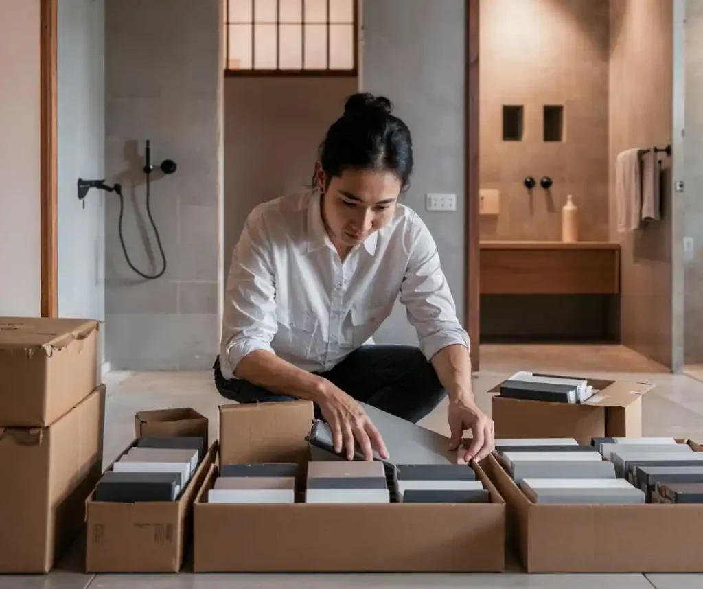 Person carefully organizing rectangular tiles in open boxes on the floor of a modern, minimalist bathroom, meticulously working within their home renovation budget.