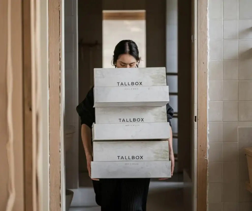 A person carrying three stacked boxes labeled "TALLBOX" while walking through a doorway, amidst the bustle of a home renovation.