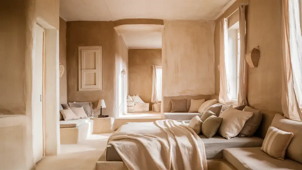 A cozy bedroom with beige walls, a large bed, multiple cushions, and soft lighting. Natural light enters through two windows, illuminating a space perfect for various activities in home makeover. In the background, there is a small seating area inviting relaxation and creativity.