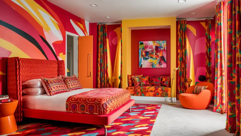 A vibrant bedroom with bold red, orange, and yellow patterns sets the stage for various activities in home makeover projects. The room features a bed, an armchair, curtains, and wall art all in matching colors.
