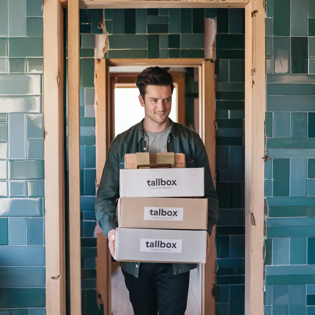 A person is carrying three stacked cardboard boxes labeled "tallbox" through a hallway with green tiled walls, likely part of the pre-construction planning process.