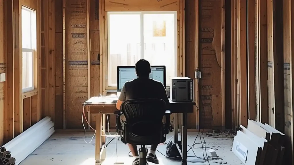 A person sits at a desk with a computer in a partially constructed room, drawing a room plan. They face a window with sunlight streaming in, and the room has unfinished wooden walls and visible insulation.