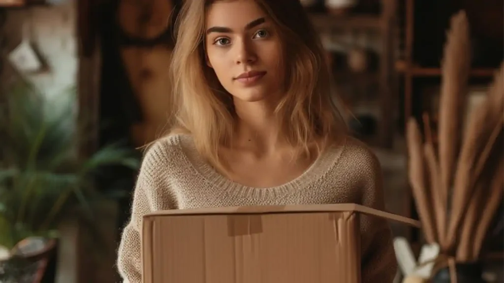 A woman with long blonde hair, wearing a beige sweater, holds a cardboard box. The background appears to be a warmly lit indoor setting where feasibility studies are being conducted.
