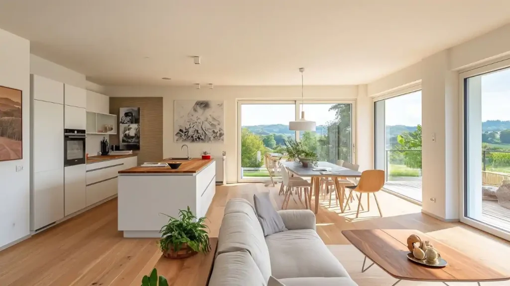 Modern open-plan kitchen and living area with large windows. Kitchen has white cabinets and wooden island; living area features a gray sofa and wooden table. Dining table by windows overlooks a scenic outdoors.