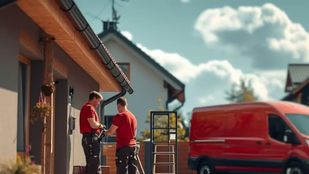 Two workers in red shirts standing next to a house, holding tools, with a red van and ladder nearby on a sunny day, likely conducting feasibility studies for the renovation project.