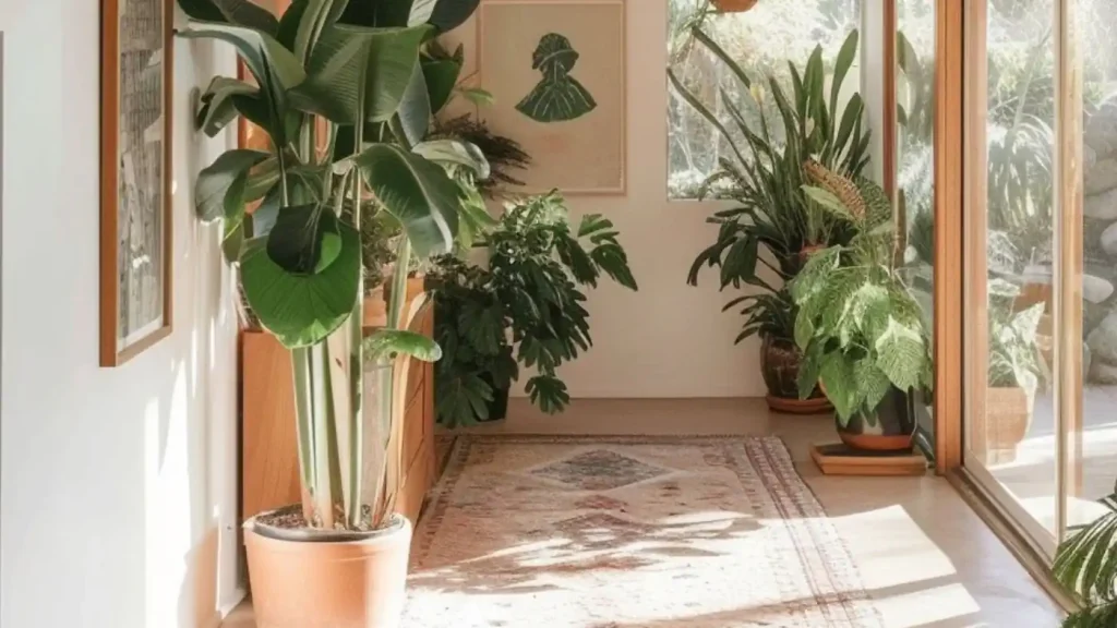 A sunlit hallway with large potted plants, a patterned rug, and a framed wall art piece featuring a green abstract shape. Glass windows on the right side allow natural light to fill the space.
