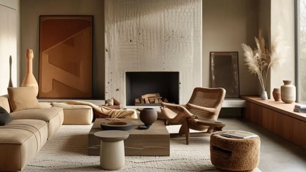 A contemporary living room featuring neutral tones includes a large beige sectional sofa, a modern chair, and a minimalist coffee table. Various decor items enhance the space, while a fireplace is centered against one wall, creating an inviting ambiance perfect for feasibility studies or relaxation.