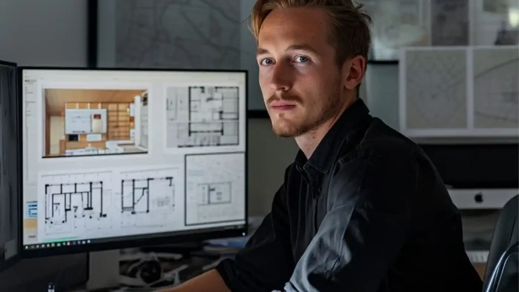 A TALLBOX designer sitting at a desk in front of a computer monitor displaying architectural designs and floor plans.