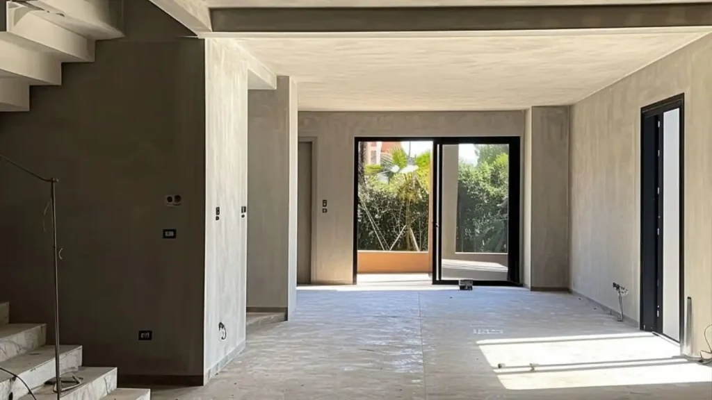 An unfurnished room with bare walls, large windows, and a doorway leading to an outdoor area with plants. The space appears to be under construction or recently renovated, likely following feasibility studies to optimize the design.