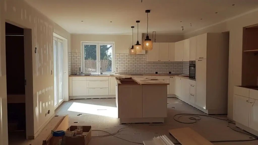 A spacious kitchen under construction, featuring white cabinets, a central island, and pendant lights. Walls are partially finished with exposed drywall, as feasibility studies guide the design choices. Construction materials are scattered on the floor.