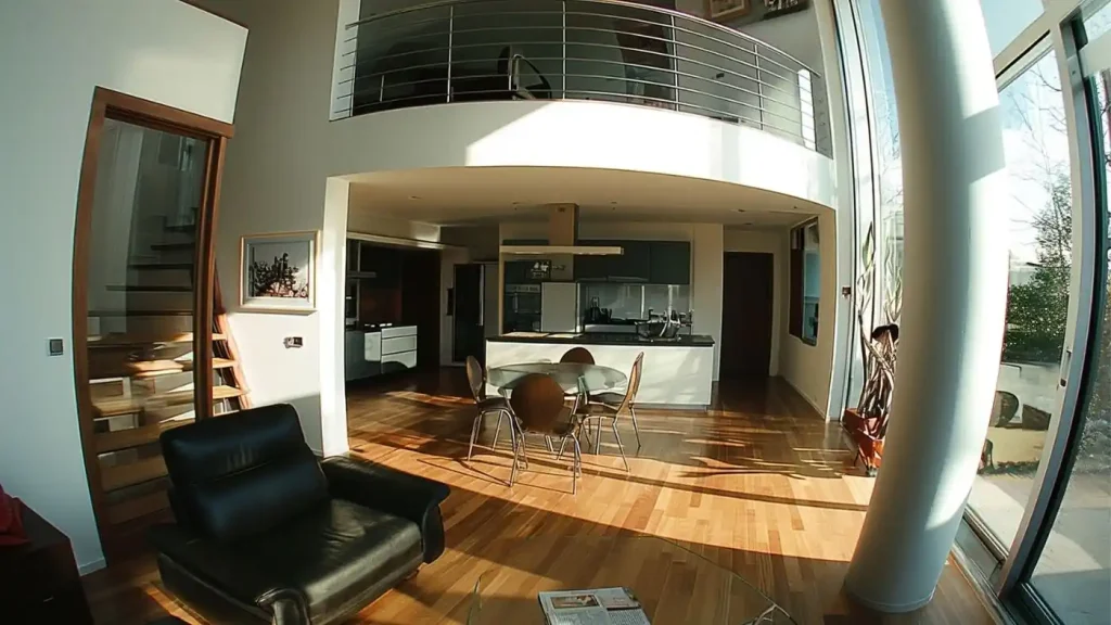 Modern living space with a double-height ceiling, large windows, an open-plan kitchen, dining area with a round table, black leather armchair, and mezzanine above. Light wood flooring throughout.