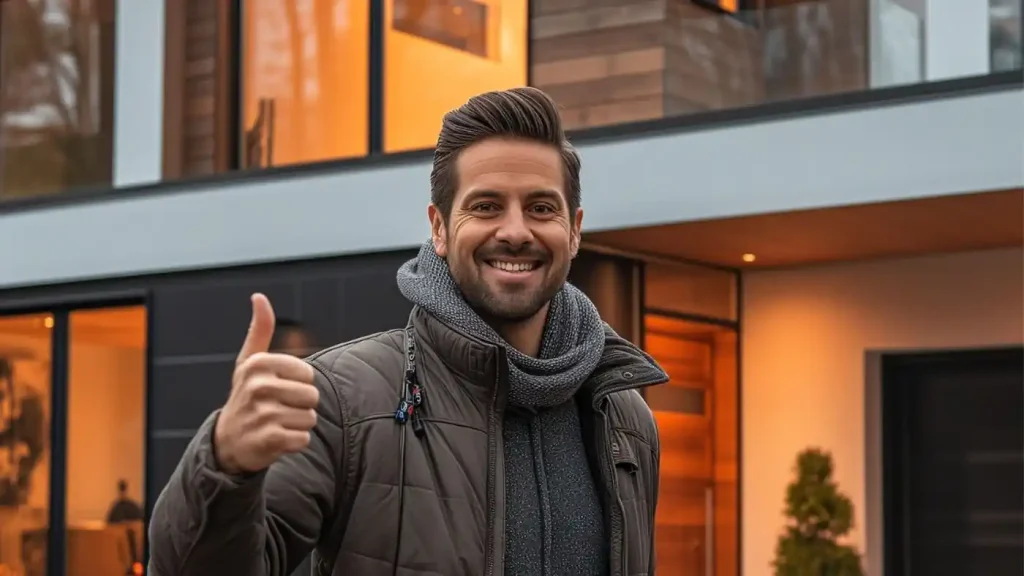 A man stands in front of a modern house, smiling and giving a thumbs-up of a renovation project