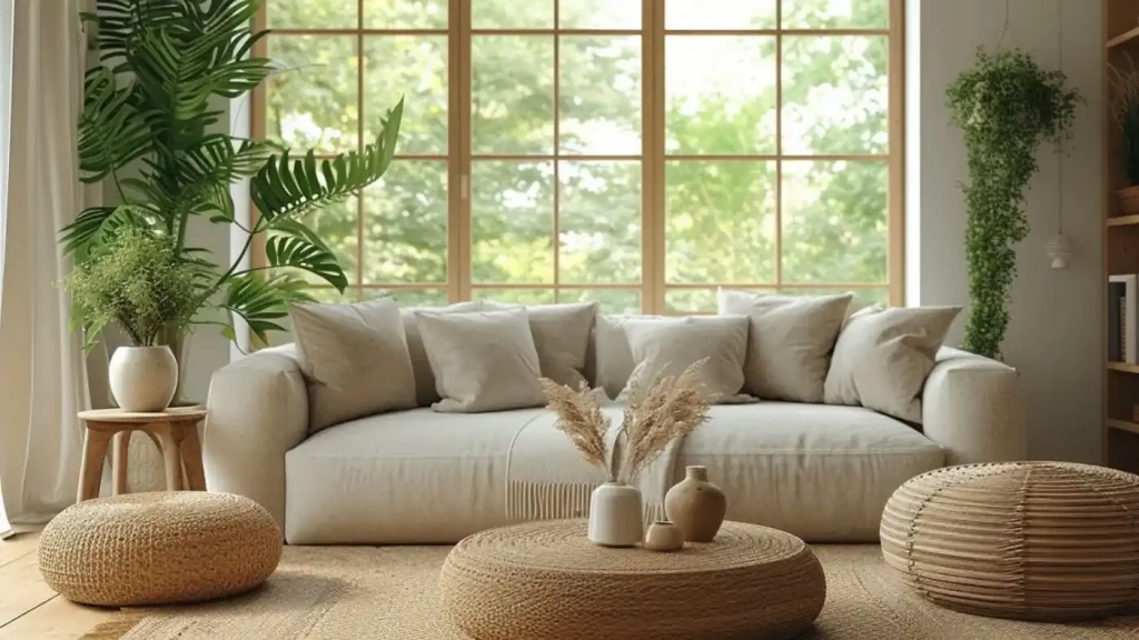 A bright living room with a large window, beige sofa, various cushions, a round woven coffee table, poufs, potted plants, and decorative vases that make one ponder the feasibility studies of incorporating nature indoors.