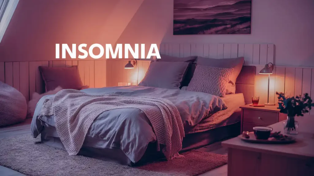 A bedroom with a neatly made bed, bedside tables with lamps, plants, and the word "INSOMNIA" in large text. The room's warm ambient lighting sets the stage for inspiration in various Activities in Home Makeover projects.