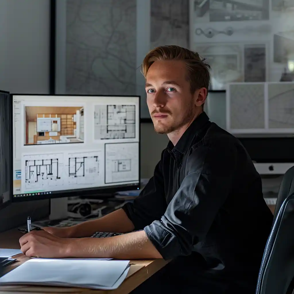 A man sitting at a desk with architectural drawings on two computer monitors. He is holding a pen and looking towards the camera. The desk has papers, including notes on Quantity Surveying Services, and architectural plans are visible on the wall.