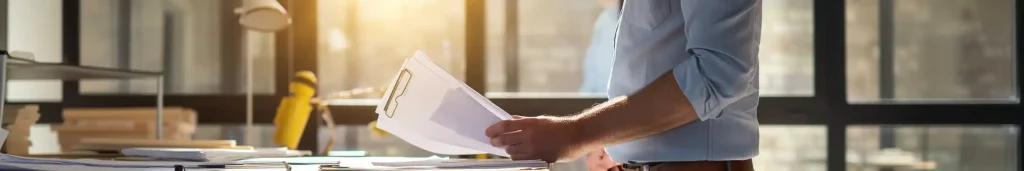 A person stands at a desk examining documents related to quantity surveying services in a well-lit room with large windows.