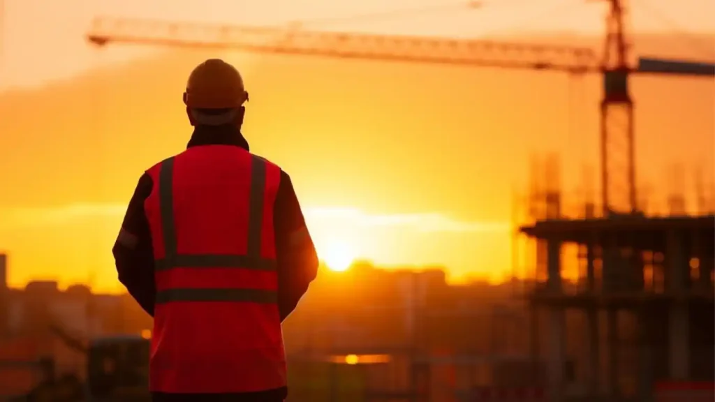 A person wearing a reflective vest and helmet observes a construction site at sunset, with cranes and incomplete buildings in the background, ensuring efficient Construction Cost Management.
