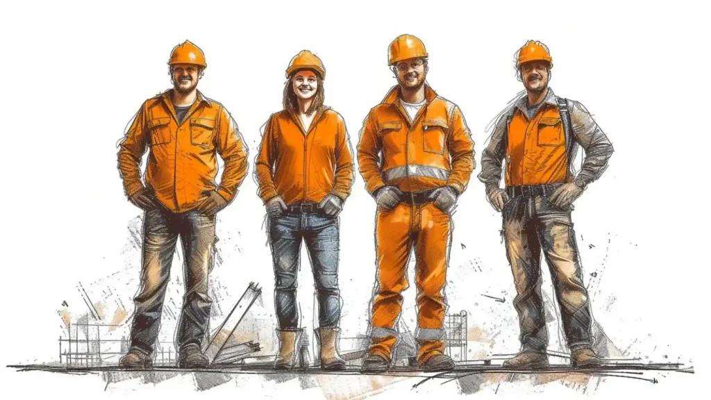 Illustration of four construction workers in orange protective gear and helmets, standing on a job site with building materials and tools in the background, showcasing their expertise ready to be hired for various services.