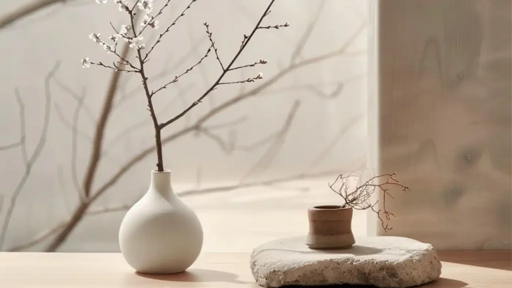 A minimalist arrangement for your interior makeover: a white vase holding a delicate branch of flowers and a small clay pot with dried twigs on a flat stone, set against a neutral background.