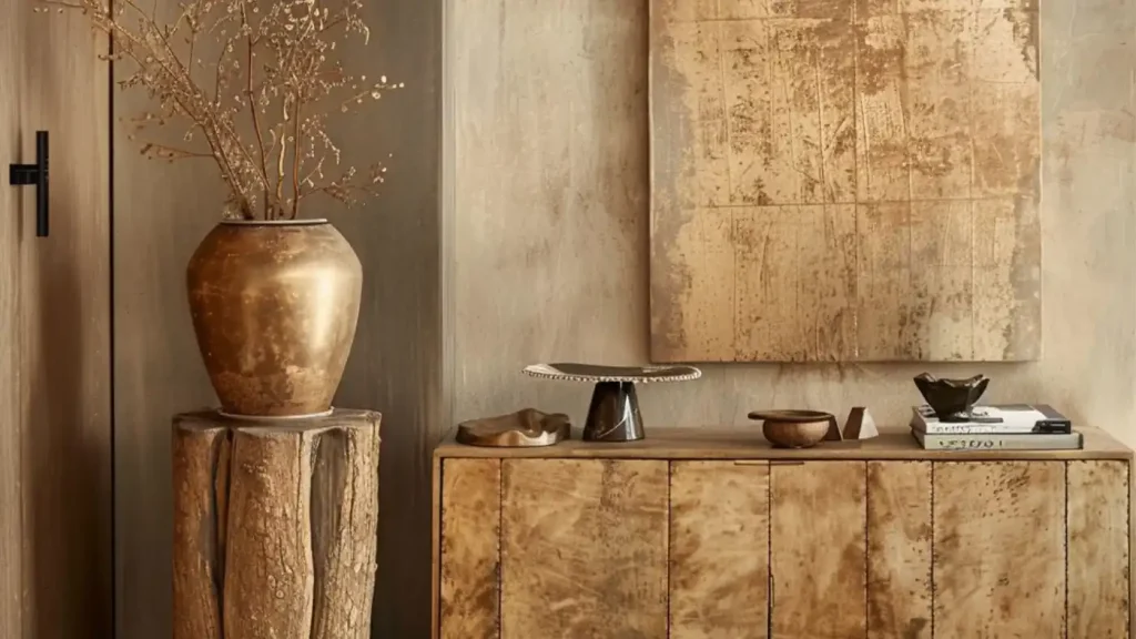 A rustic interior makeover scene featuring a wooden sideboard, a large gold vase with dry branches, and abstract artwork on the wall. Various small decorative items adorn the sideboard.