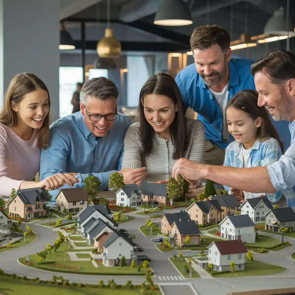 Group of people gathered around a detailed miniature model of a suburban neighborhood, enthusiastically discussing and pointing at various features of the pre-construction custom houses.