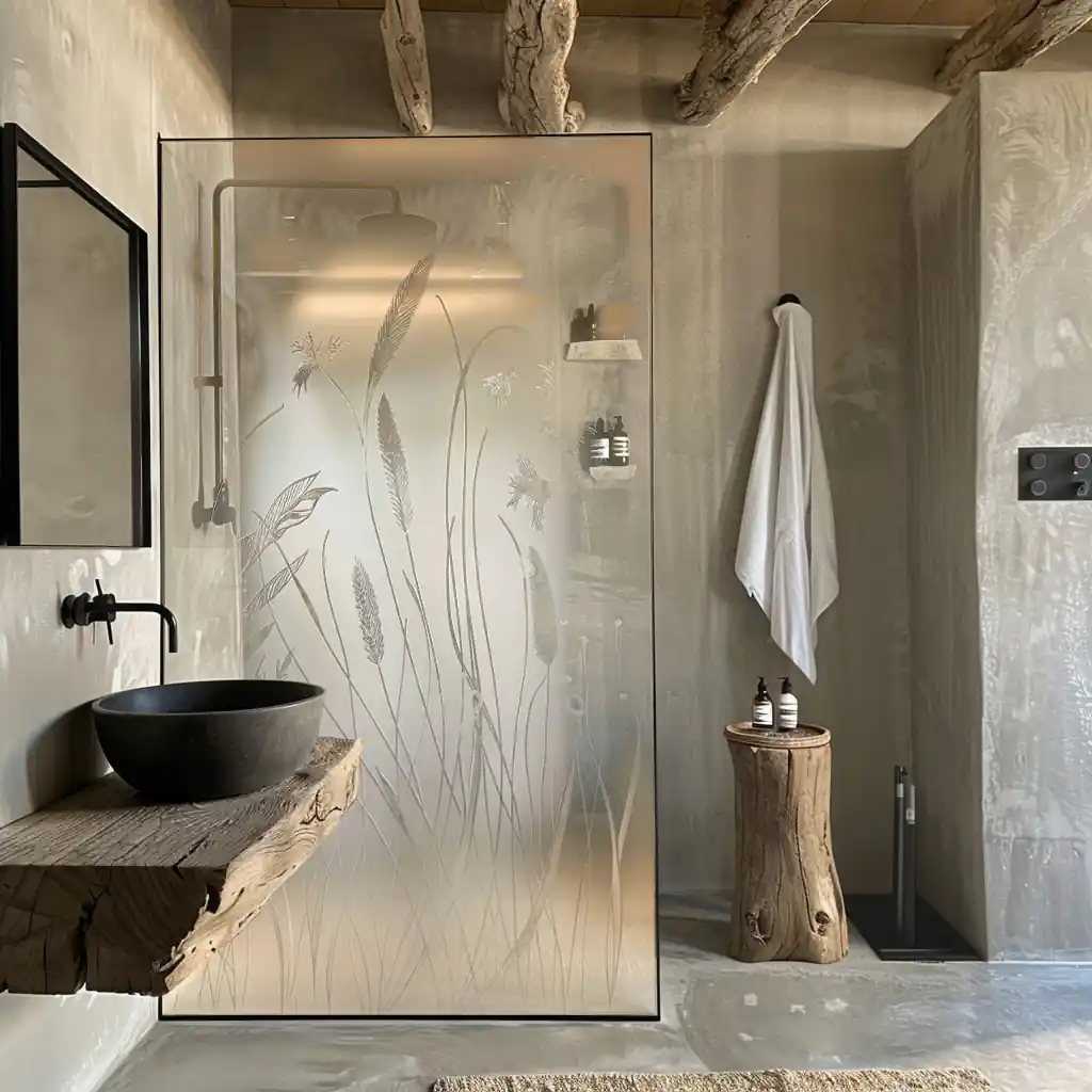 Modern bathroom with a rustic touch featuring a wooden sink counter, a fixed shower screen with plant designs on frosted glass, beige concrete walls, and a wooden towel stand.