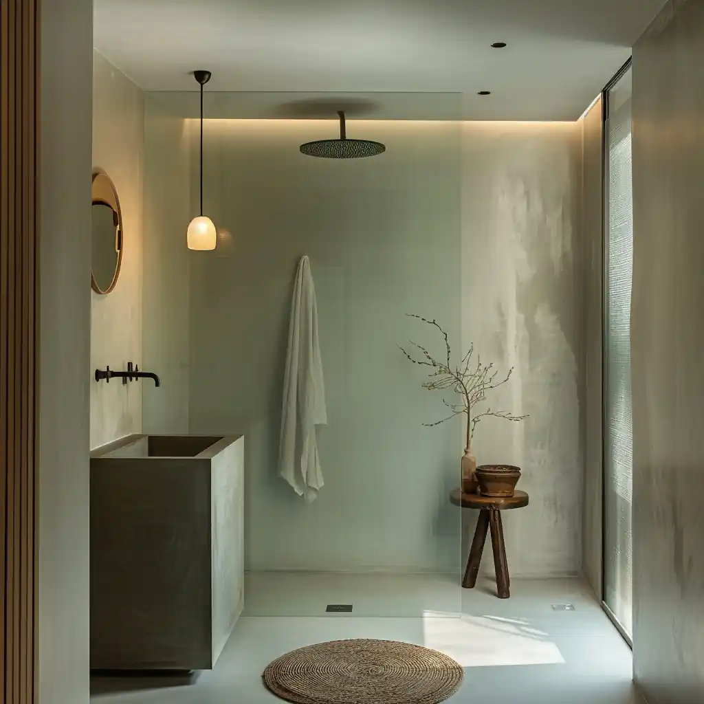 A minimalist bathroom featuring a large rain shower with a fixed shower screen, a rectangular stone sink, a round mirror, a wall-mounted pendant light, a wooden stool with a vase, and a hanging towel.