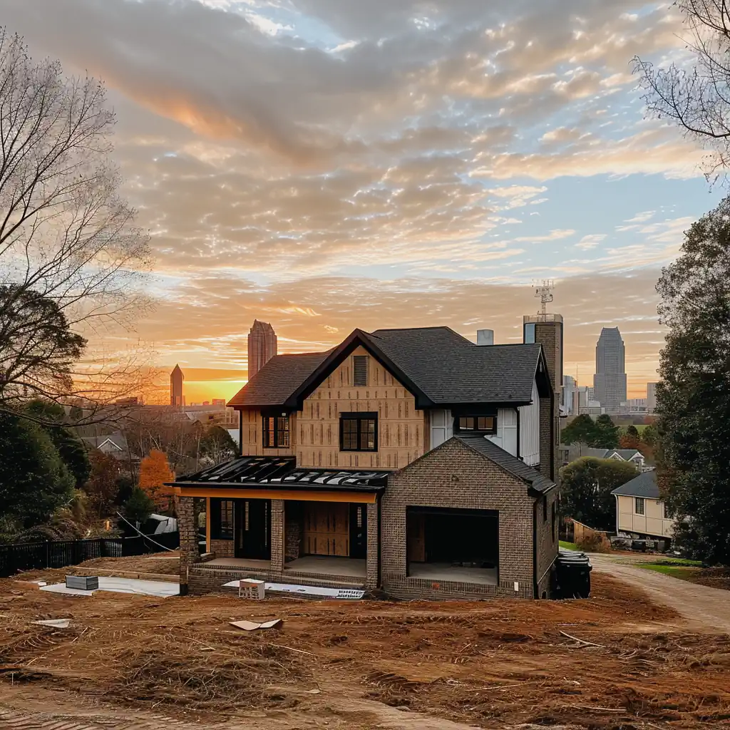 A two-story house under construction with a partially finished exterior surrounded by trees, set against a sunset backdrop with a city skyline in the distance. Building materials are on the ground, and it's clear they will soon need to hire an expert roofer to complete the project.