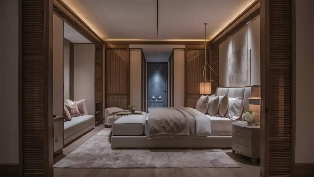 A modern bedroom with a large bed, neutral-toned decor, ambient lighting, and a view into a bathroom through an open door showcases the results of recent activities in home makeover.