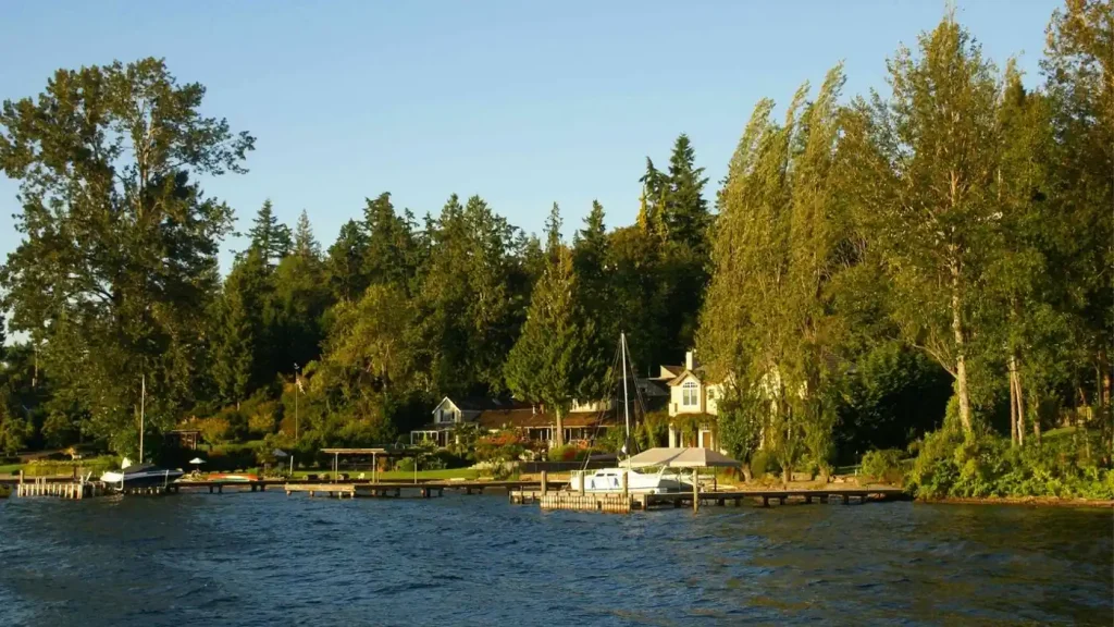 Waterfront residences with docks and boats line a tree-lined lakeshore on a sunny day, making it clear why investing in this real estate is worth it.