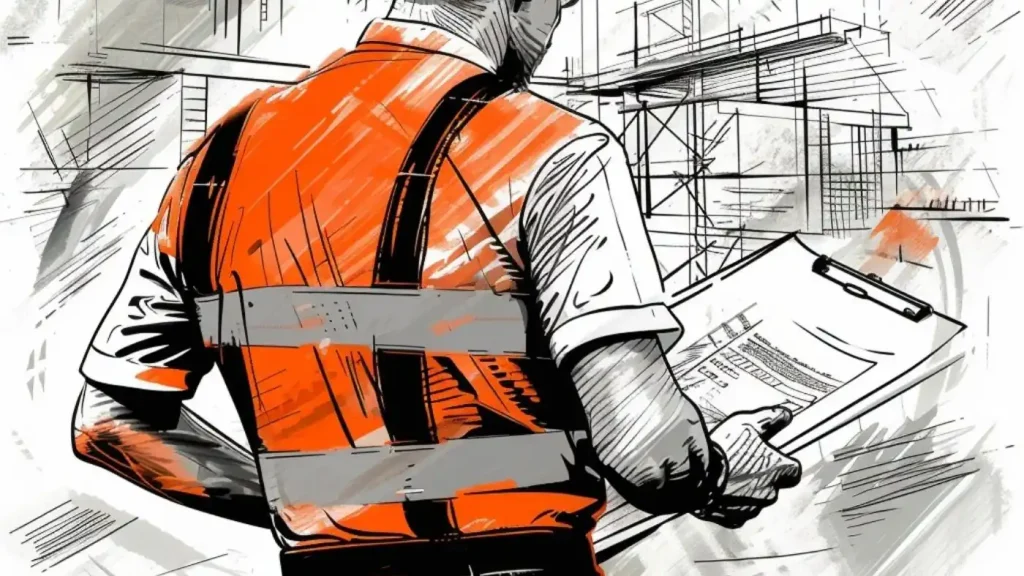 Man in a high-visibility vest holds a clipboard, meticulously inspecting construction site plans to ensure compliance with building regulations.