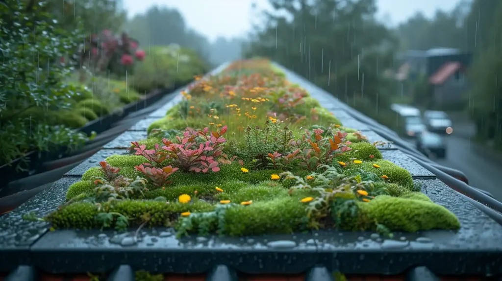 A green roof with various plants and flowers is seen on a rainy day, with water droplets visible in the air and on the foliage. The background shows a blurred landscape; it's a perfect reason to hire an expert roofer to maintain this serene beauty.