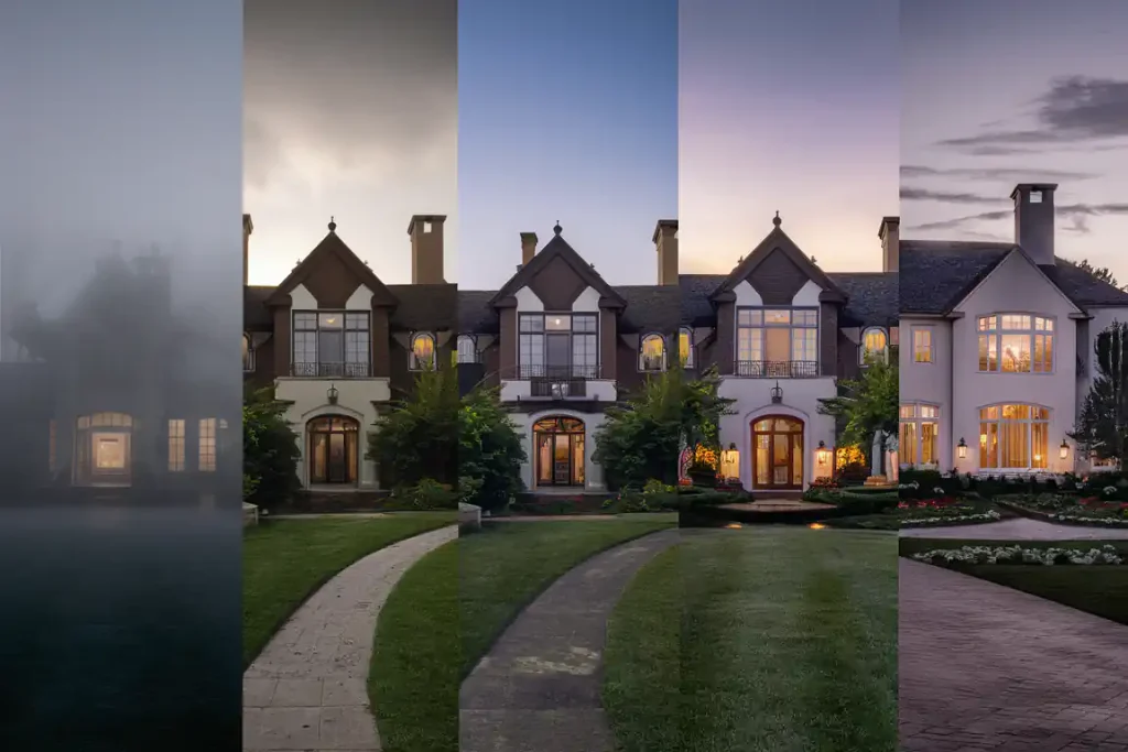 A large house depicted at different times of day, from dawn to dusk, arranged in sections from left to right.