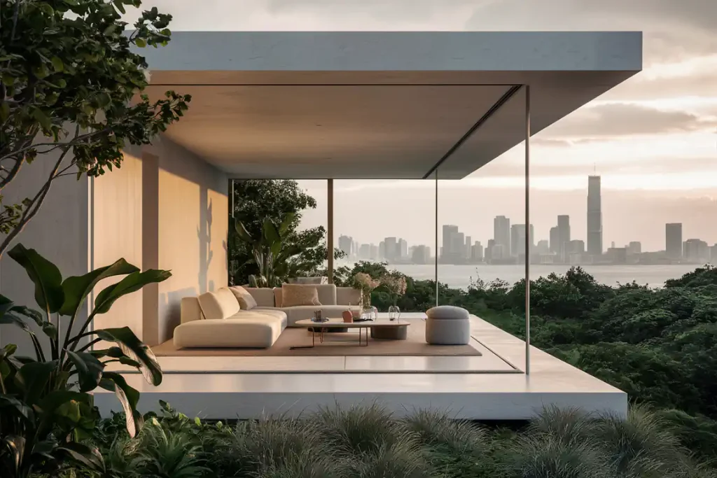 Modern outdoor living area with minimalist furniture, large windows, and a city skyline in the background. The space, envisioned by TALLBOX and their 3D AI engine for interior design.