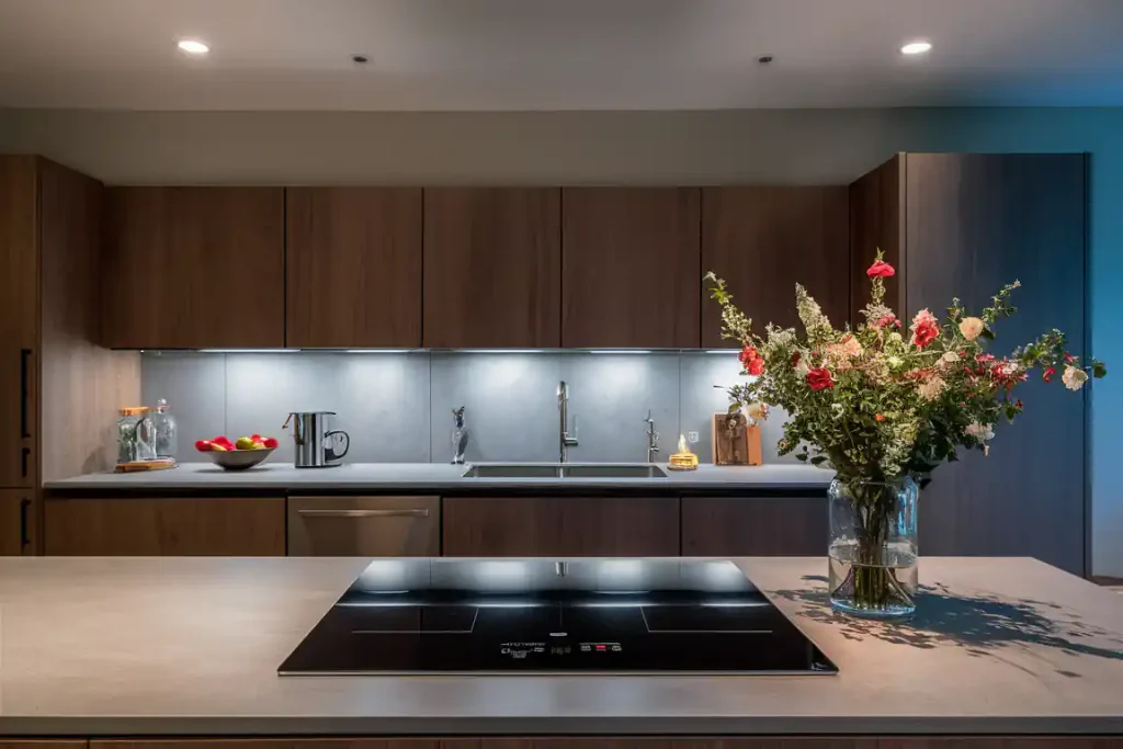 Modern kitchen with dark wood cabinetry, an induction cooktop on a central island, stainless steel sink, and a vase of colorful flowers. Under-cabinet lighting illuminates the countertop, showcasing the meticulous pre-construction planning that made this space both functional and beautiful.