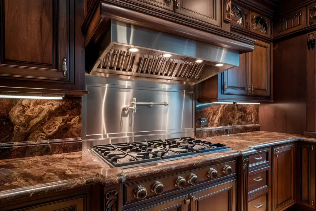 A stainless steel kitchen range with six burners and a pot filler, set in a kitchen with dark wooden cabinets and marbled countertops, exemplifies the meticulous attention to detail.