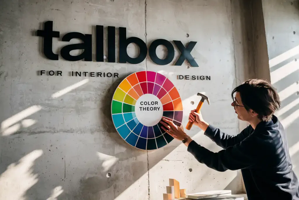 Person using a hammer to fix a color wheel to the wall under the sign "tallbox for interior design"