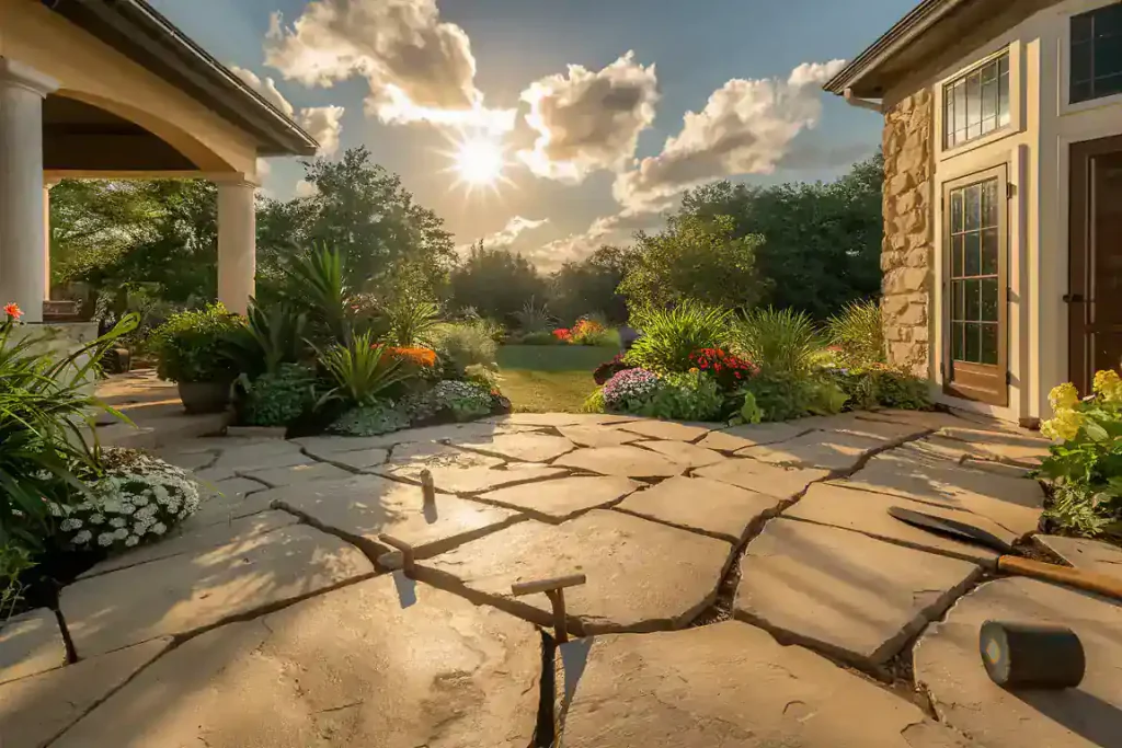 Stone patio with lush garden and flowers under the setting sun, flanked by building walls, leading to a green lawn – perfect for those looking to sell an older home with timeless charm.