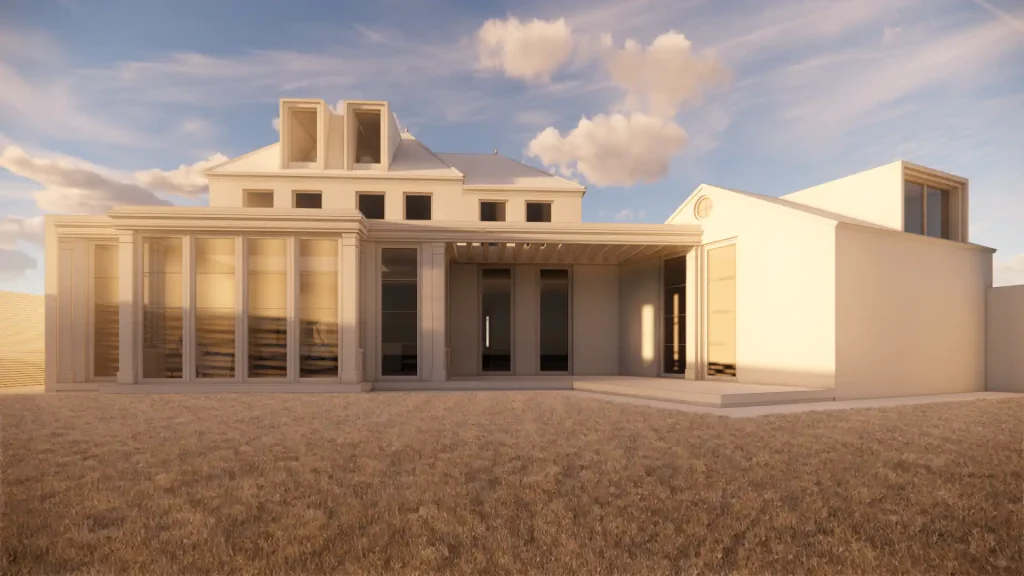 A modern two-story house with large windows, a flat roof, and an attached single-story wing stands as a testament to meticulous pre-construction planning. The beige exterior complements the partly cloudy sky while the house overlooks a dry, grassy yard.