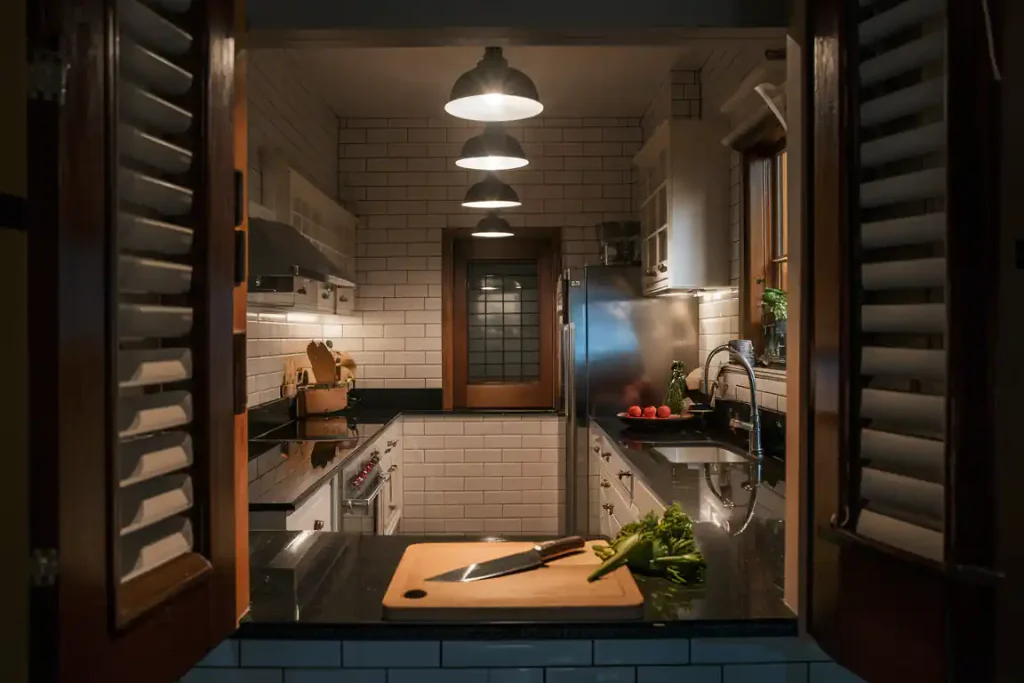 A modern kitchen with white subway tiles, dark countertops, hanging lights, a stainless steel refrigerator, and a cutting board with a knife and vegetables on an island.